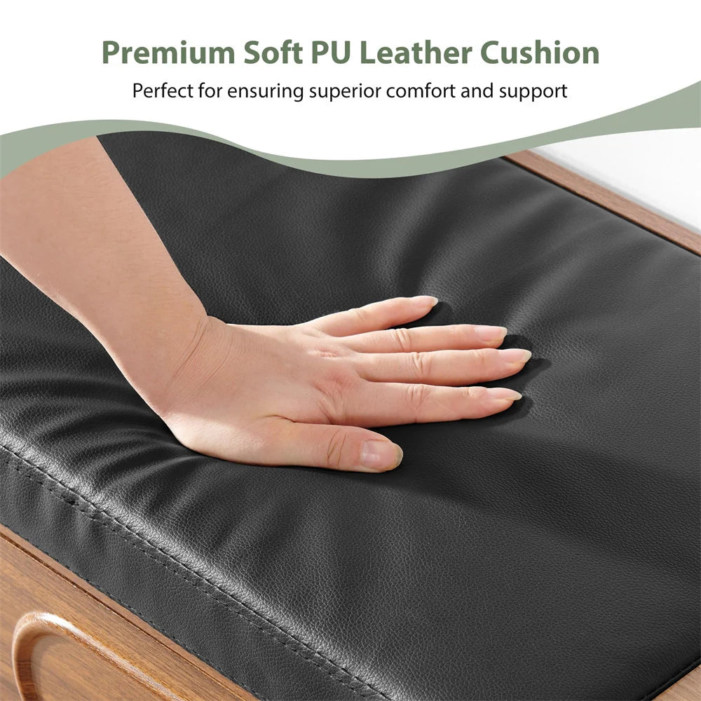 31.5 Fluted Wood Entry Way Benche Shoe Rack with 2 Drawers and Padded Leather Cushion Seat
