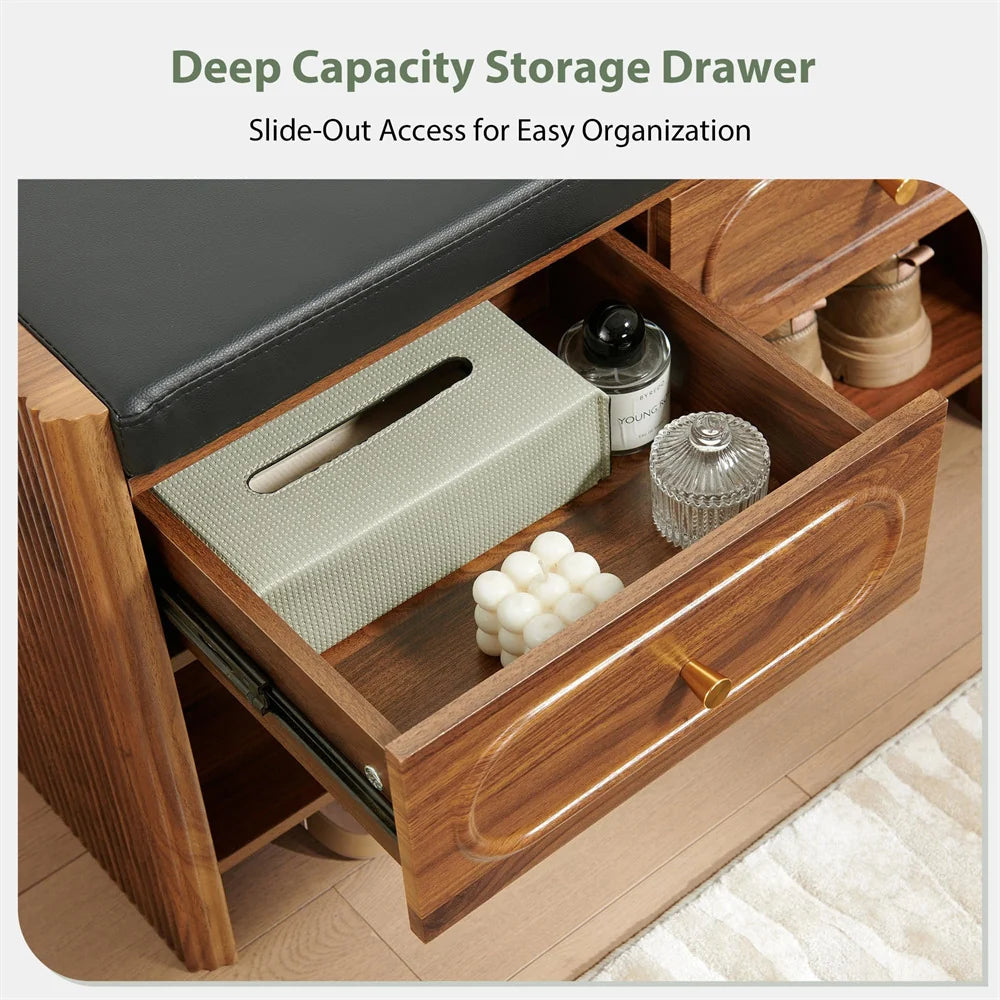31.5 Fluted Wood Entry Way Benche Shoe Rack with 2 Drawers and Padded Leather Cushion Seat
