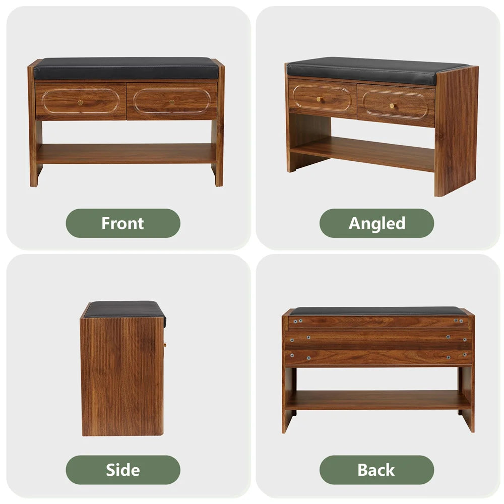 31.5 Fluted Wood Entry Way Benche Shoe Rack with 2 Drawers and Padded Leather Cushion Seat