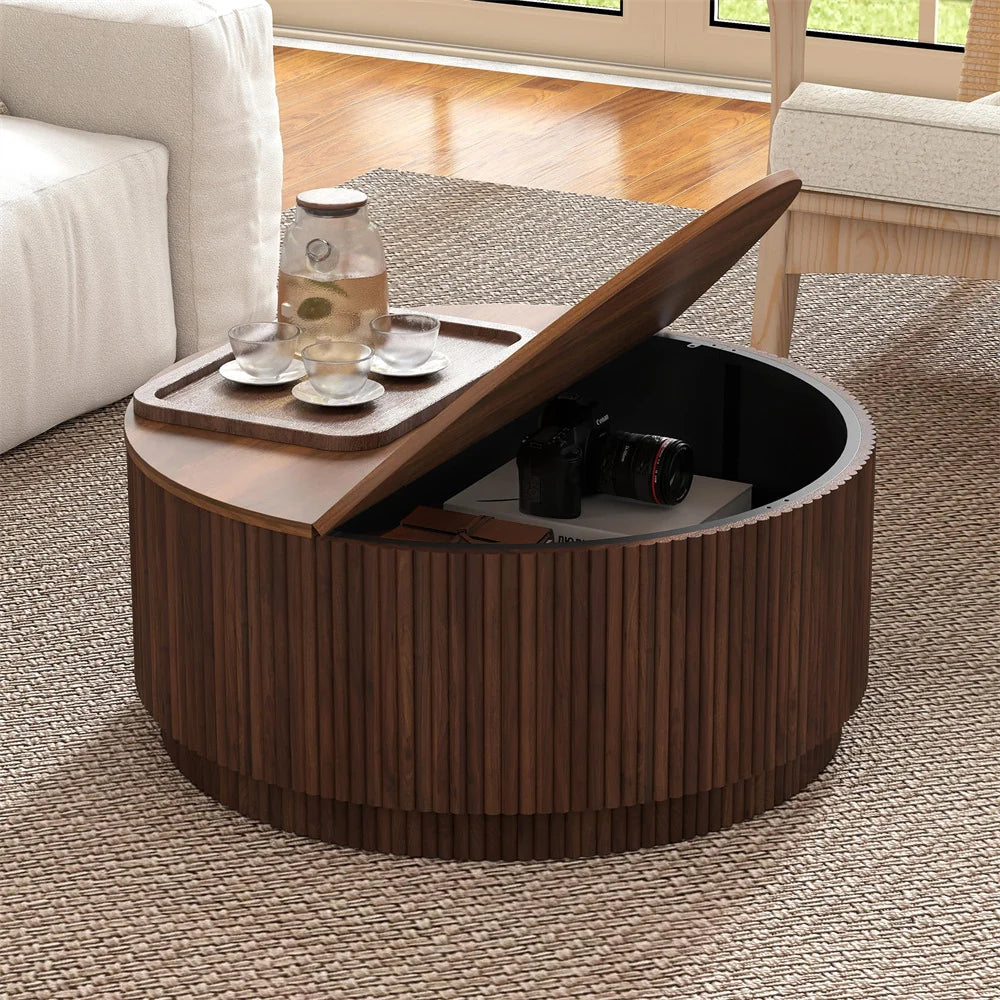 31.5 Organic Modern Fluted Round Coffee Table with Hidden Storage