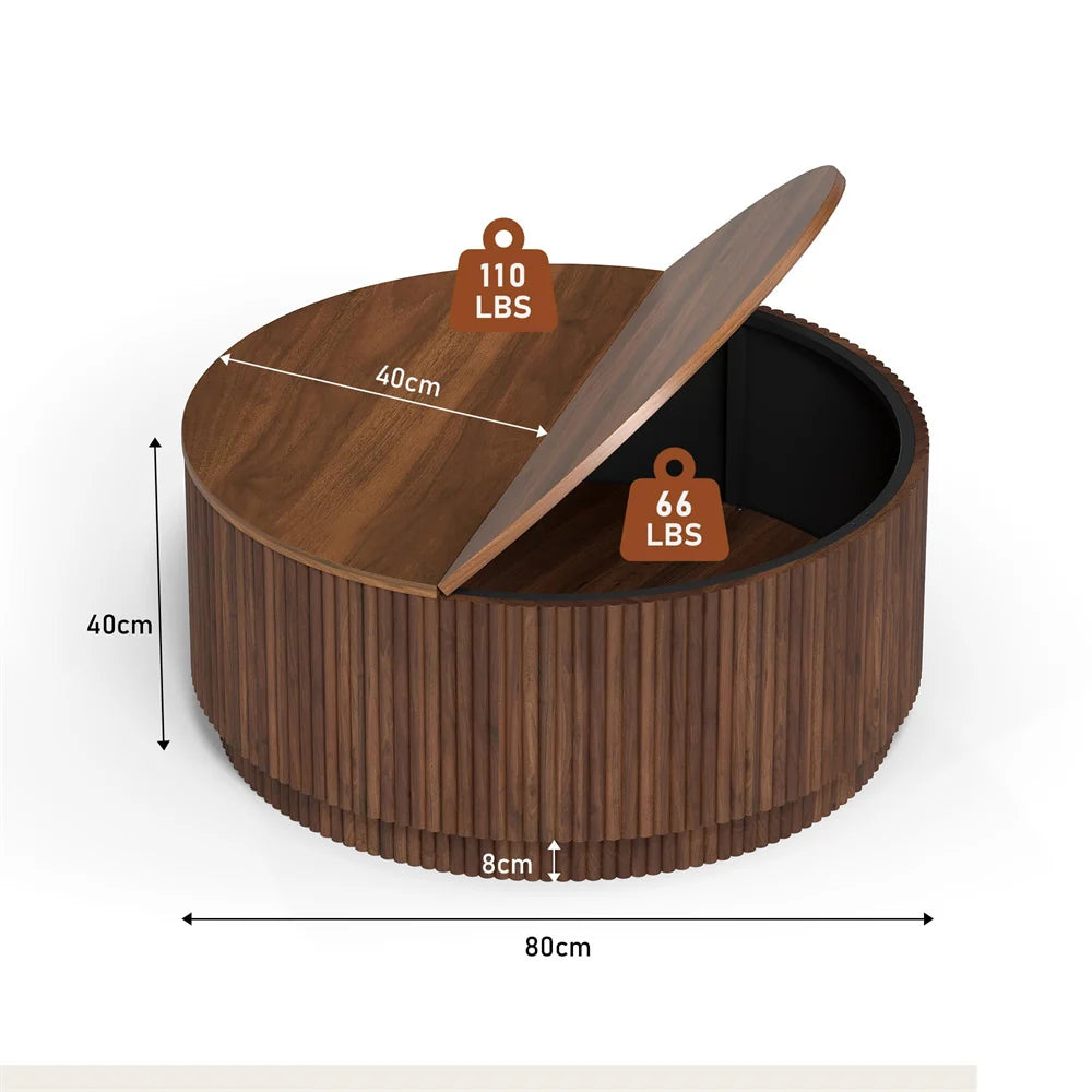 31.5 Organic Modern Fluted Round Coffee Table with Hidden Storage