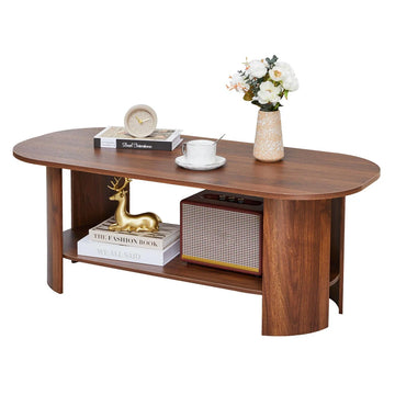 43.3” Wood Farmhouse Oval Coffee Table with 2-Tier Storage Shelf