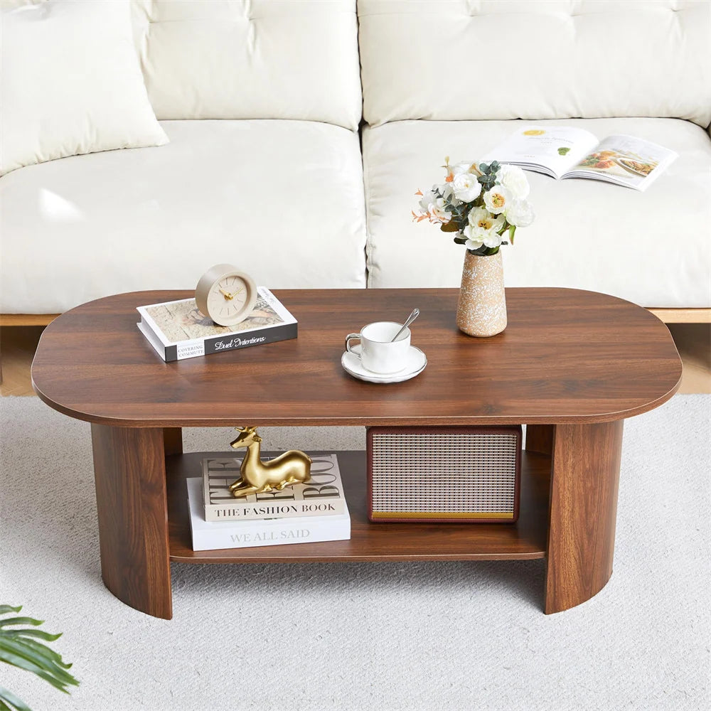 43.3” Wood Farmhouse Oval Coffee Table with 2-Tier Storage Shelf