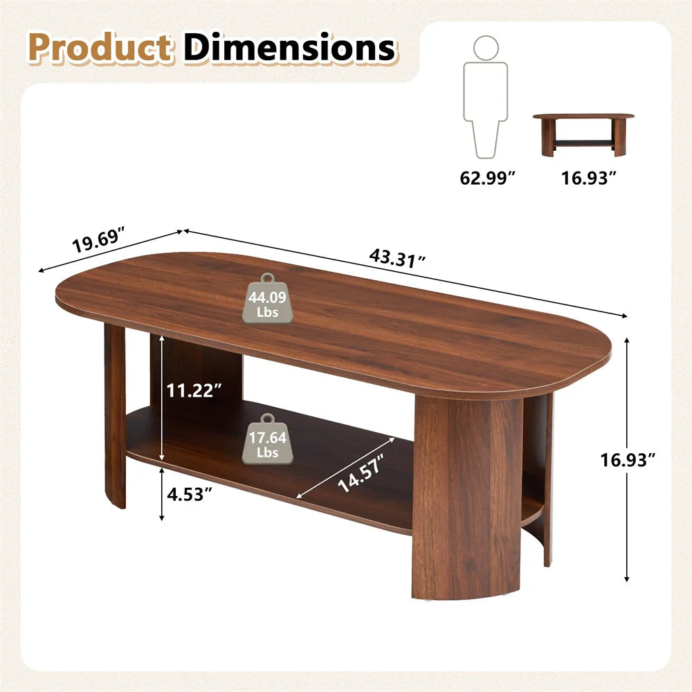 43.3” Wood Farmhouse Oval Coffee Table with 2-Tier Storage Shelf