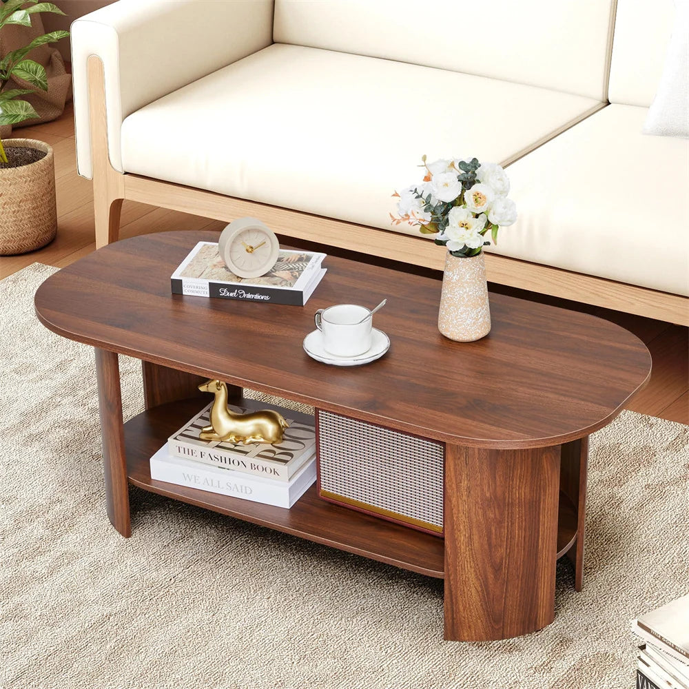43.3” Wood Farmhouse Oval Coffee Table with 2-Tier Storage Shelf