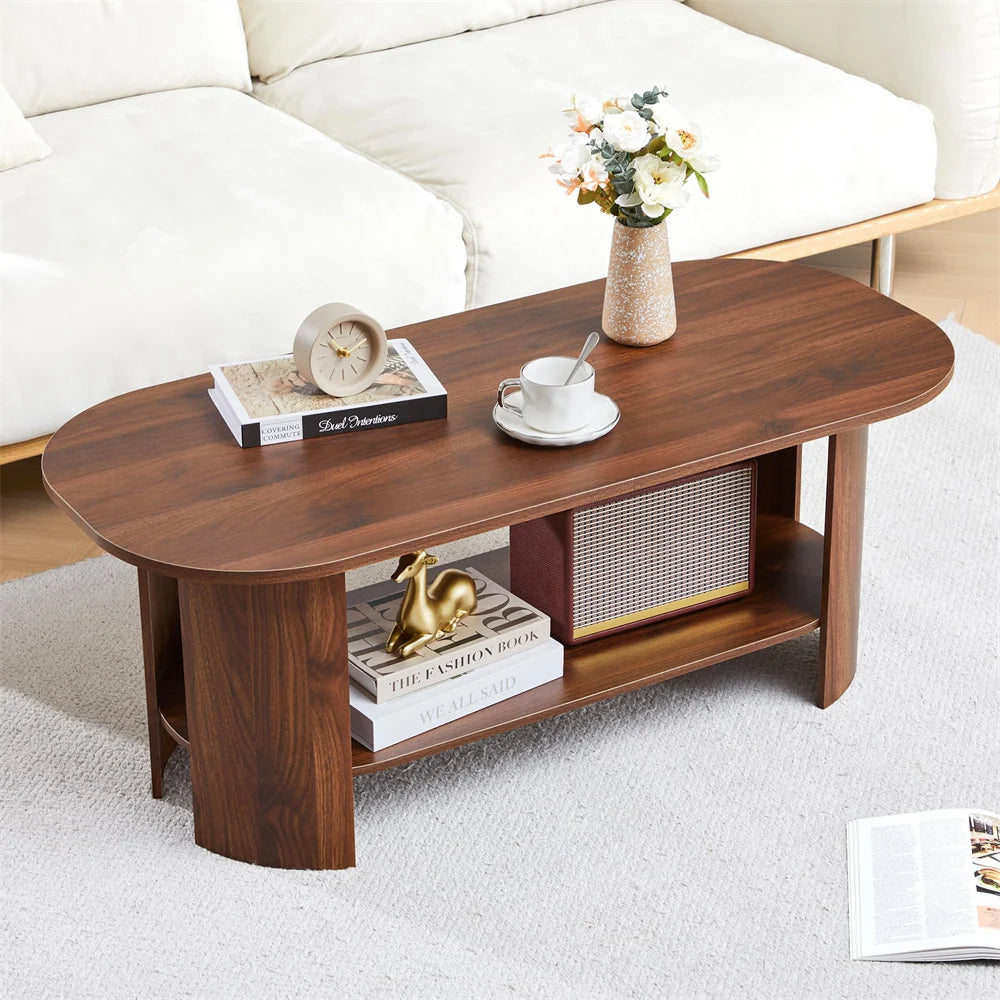 43.3” Wood Farmhouse Oval Coffee Table with 2-Tier Storage Shelf