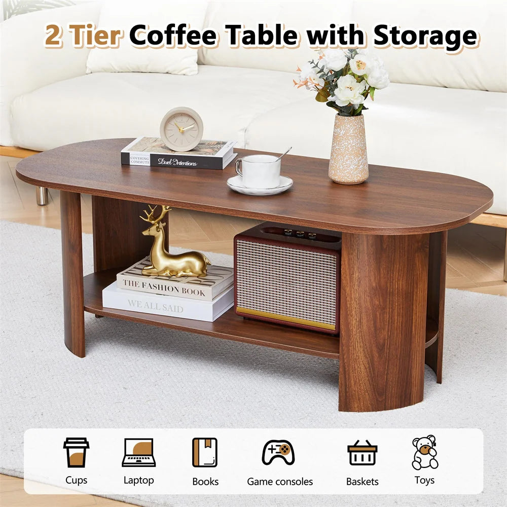 43.3” Wood Farmhouse Oval Coffee Table with 2-Tier Storage Shelf