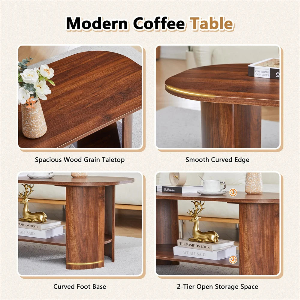 43.3” Wood Farmhouse Oval Coffee Table with 2-Tier Storage Shelf
