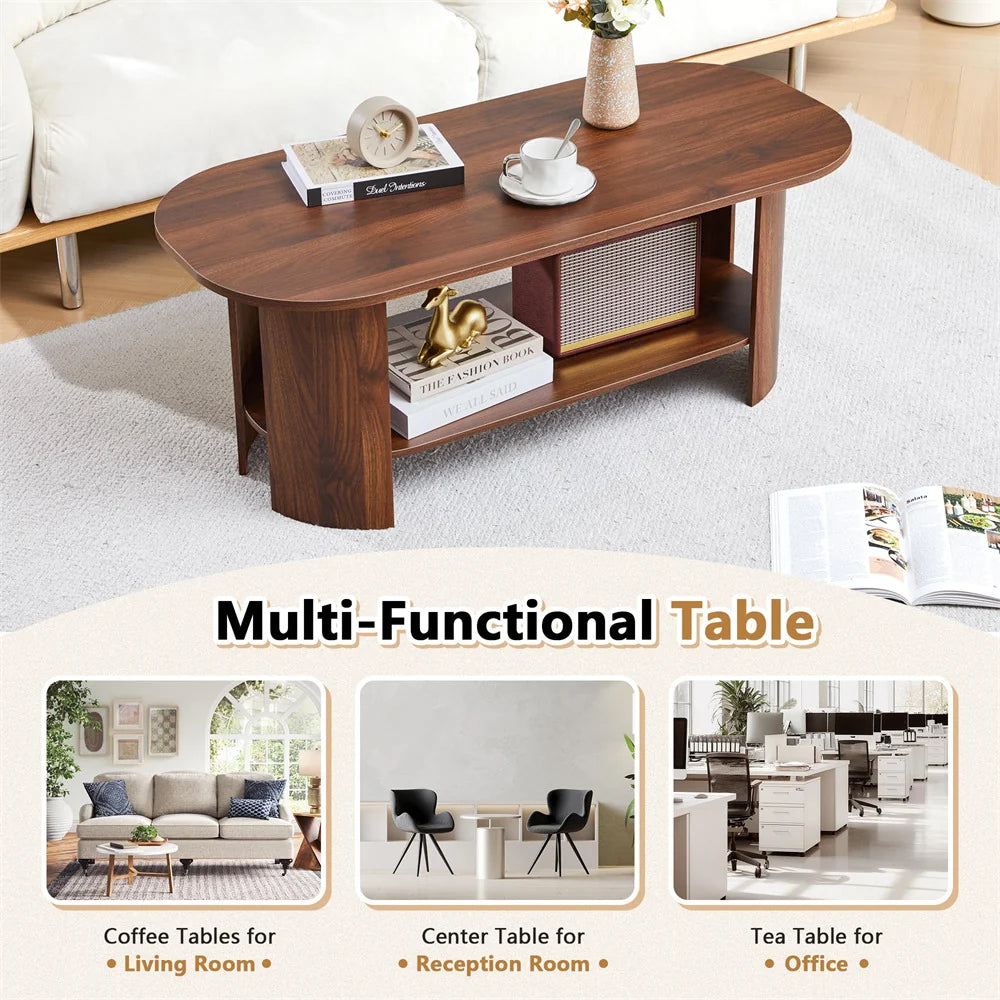 43.3” Wood Farmhouse Oval Coffee Table with 2-Tier Storage Shelf