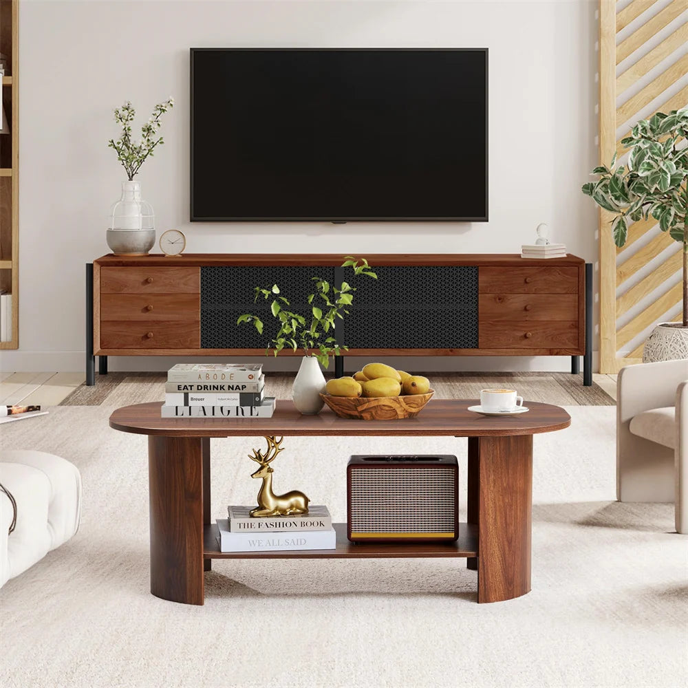 43.3” Wood Farmhouse Oval Coffee Table with 2-Tier Storage Shelf