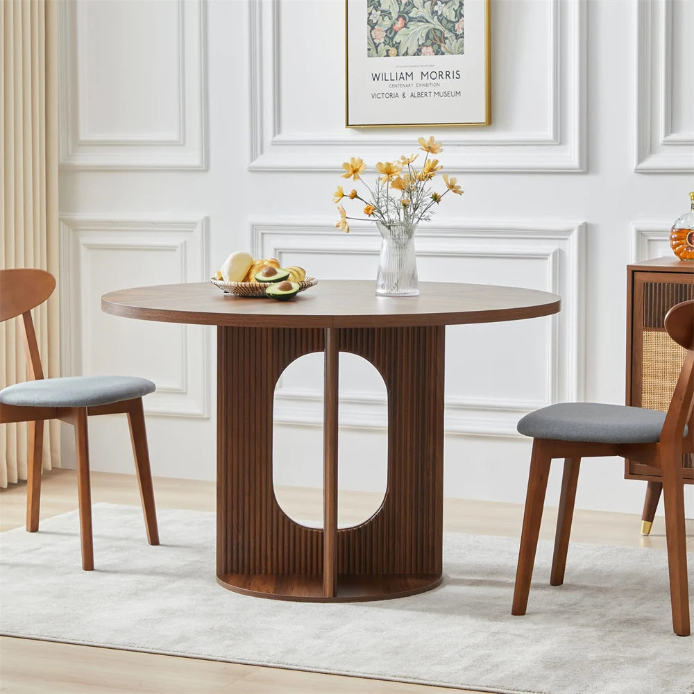 47 Inch Farmhouse Round Fluted Dining Table Circle Kitchen Table with Wooden Pedestal Base