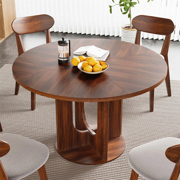 47 Inch Farmhouse Round Fluted Dining Table Circle Kitchen Table with Wooden Pedestal Base