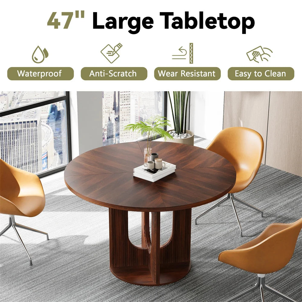 47 Inch Farmhouse Round Fluted Dining Table Circle Kitchen Table with Wooden Pedestal Base