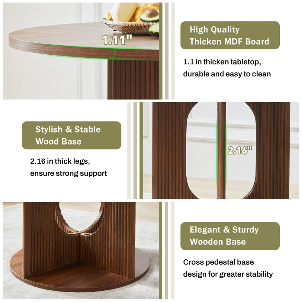 47 Inch Farmhouse Round Fluted Dining Table Circle Kitchen Table with Wooden Pedestal Base