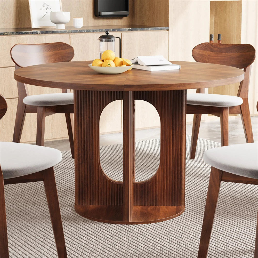 47 Inch Farmhouse Round Fluted Dining Table Circle Kitchen Table with Wooden Pedestal Base