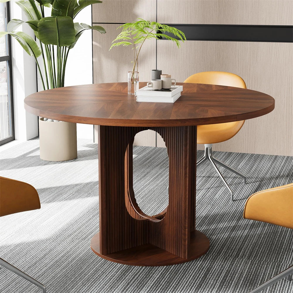 47 Inch Farmhouse Round Fluted Dining Table Circle Kitchen Table with Wooden Pedestal Base