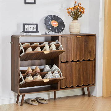 Freestanding Narrow Wood Shoe Cabinet for Entryway with 4 Flip Drawers and Wave Panel