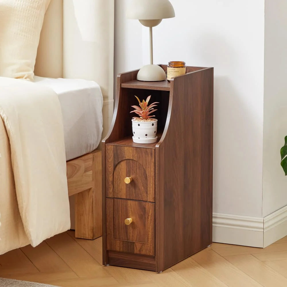 Mid-Century Modern Narrow Nightstand End Table with Charging Station and Open Shelf
