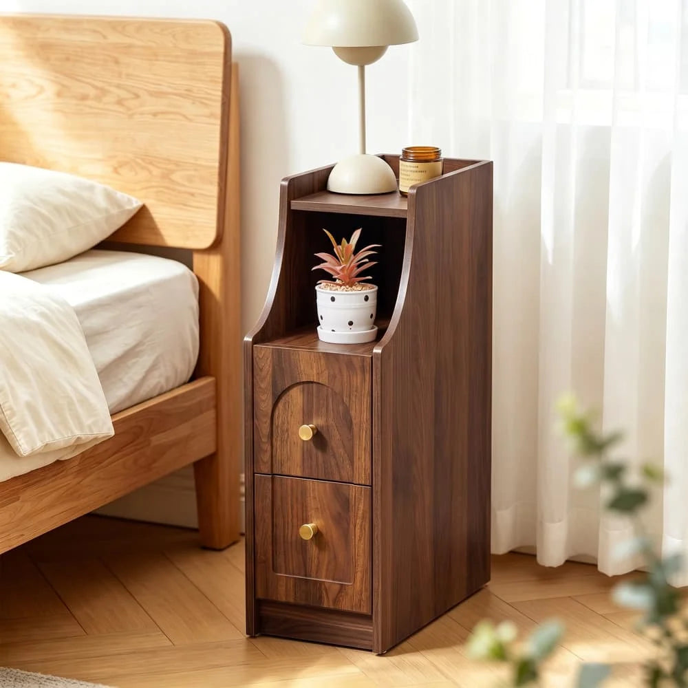 Mid-Century Modern Narrow Nightstand End Table with Charging Station and Open Shelf