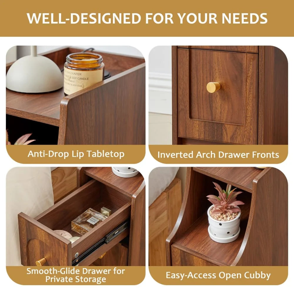 Mid-Century Modern Narrow Nightstand End Table with Charging Station and Open Shelf