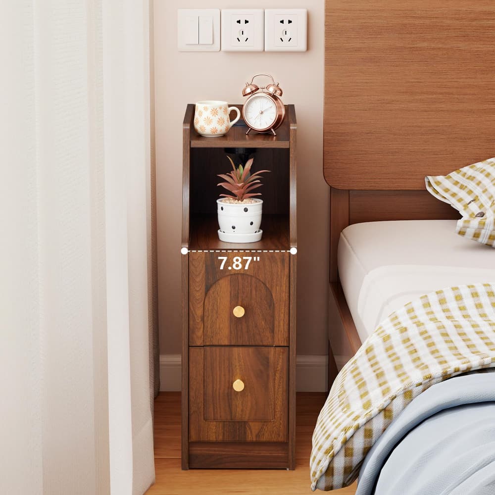 Mid-Century Modern Narrow Nightstand End Table with Charging Station and Open Shelf