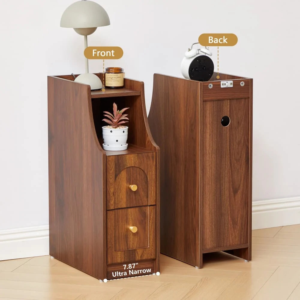 Mid-Century Modern Narrow Nightstand End Table with Charging Station and Open Shelf