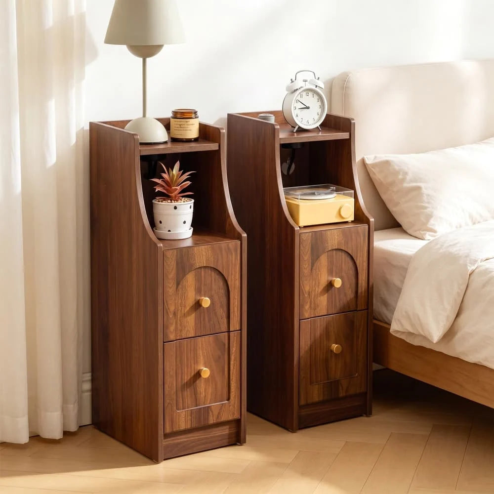 Mid-Century Modern Narrow Nightstand End Table with Charging Station and Open Shelf