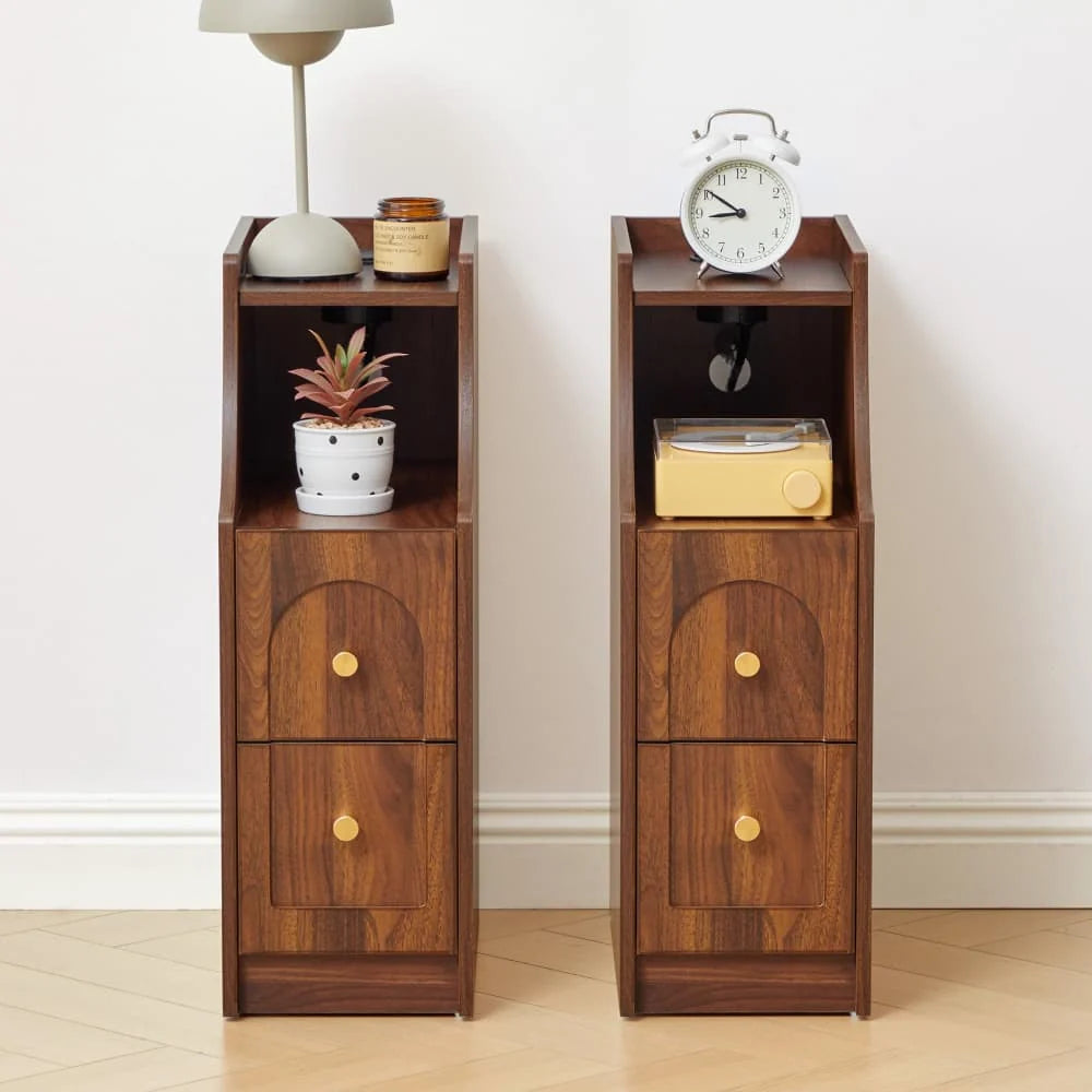 Mid-Century Modern Narrow Nightstand End Table with Charging Station and Open Shelf