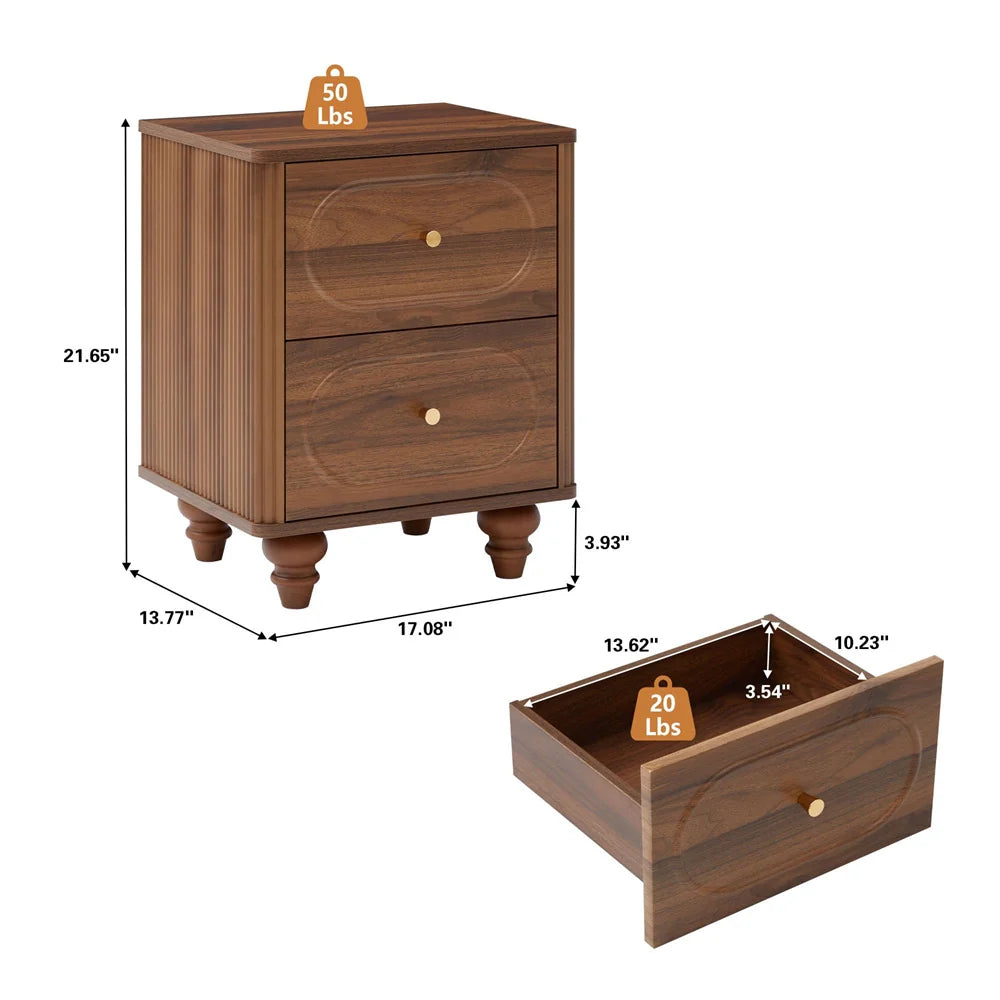 Mid Century Modern 2 Drawer Fluted Nightstand