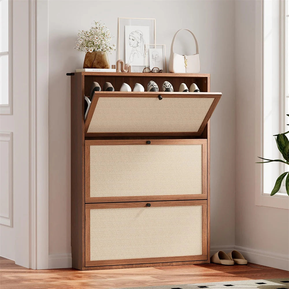 Wood Freestanding Slim Shoe Cabinet with Linen Panel and 3 Flip Drawers