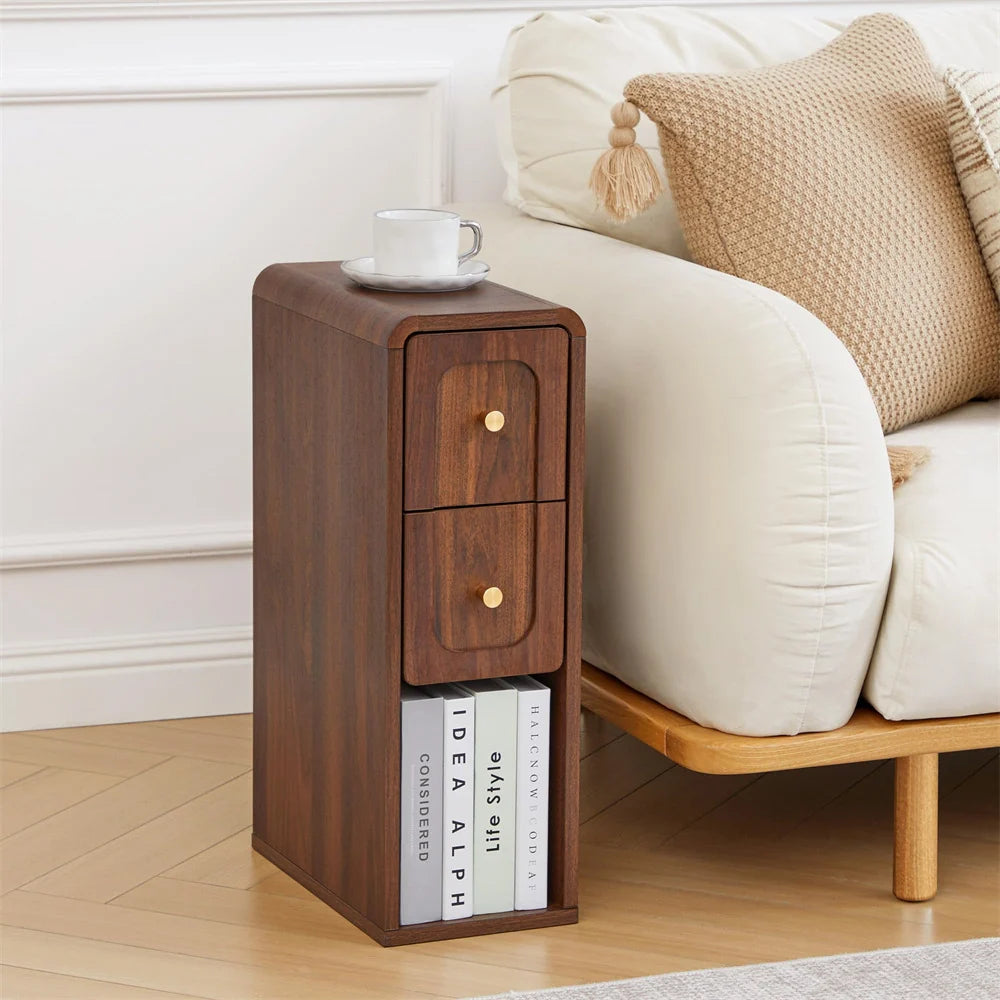 Mid-Century Modern Narrow Small Nightstand Wooden End Table with 2 Drawers