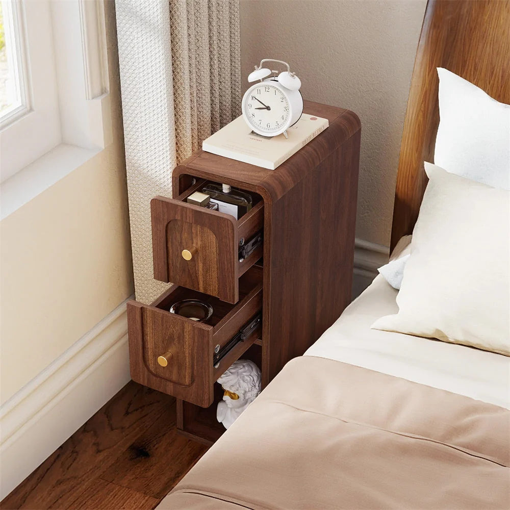 Mid-Century Modern Narrow Small Nightstand Wooden End Table with 2 Drawers