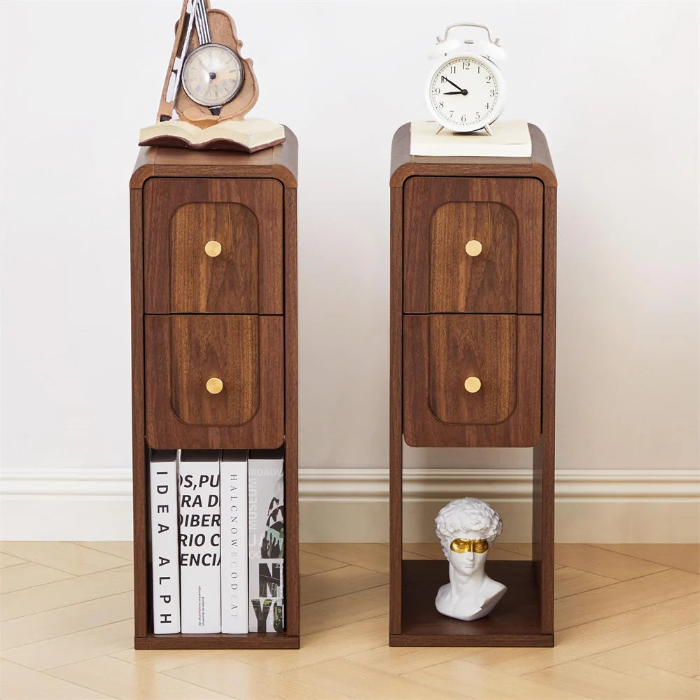 Mid-Century Modern Narrow Small Nightstand Wooden End Table with 2 Drawers