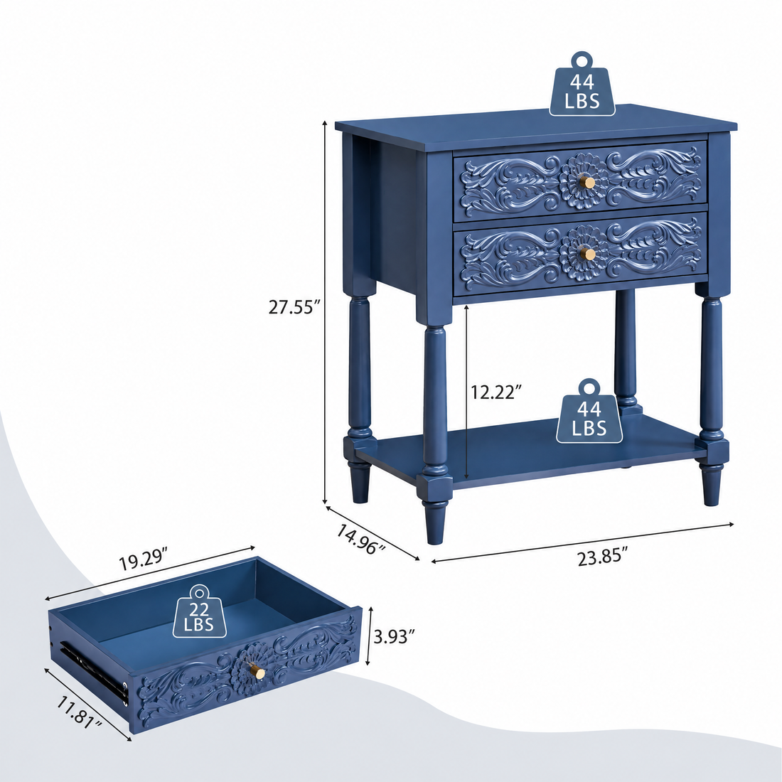 Deep Indigo Bedside Console with Open Cubby & Dual Drawers