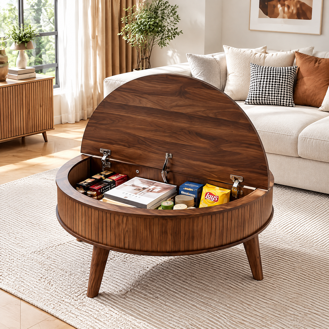 35.4" Fluted Wood Lift-Top Coffee Table & Storage